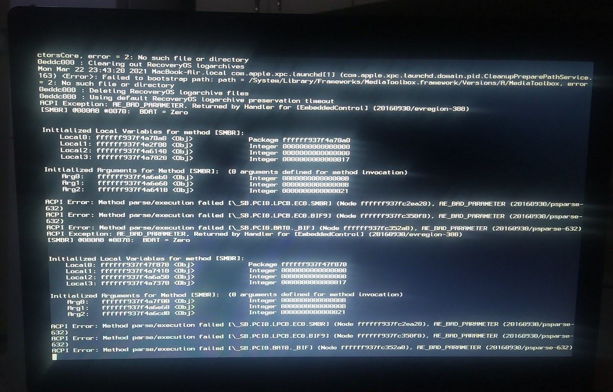 Error method not found. Acpi Call method failed. Acpi\fffffff. Failed to execute /init (Error -2) на загрузочной флешке Ubuntu 22.04. Acpi Error: no Pointer back to namespace node in package.